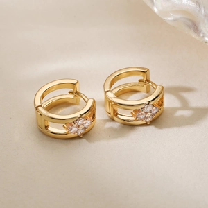 Vintage 18K gold plated hollow clover hoop earrings with zircon stones for women