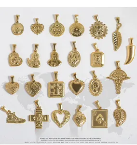 Detailed grid of vintage 24K gold plated stainless steel pendants with diverse motifs