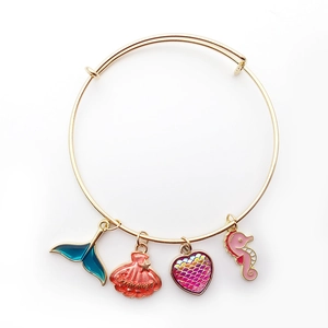 Golden steel wire bracelet with summer pendants including mermaid tail and shell