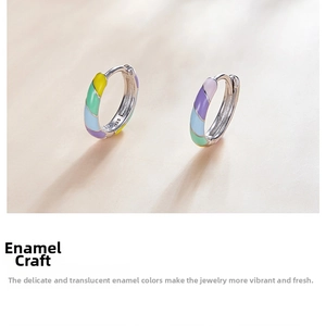 Detail of colorful rainbow enamel coating on S925 sterling silver hoop earrings