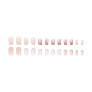 Nude Pink und Roségold Glitzer Kunstnägel mit weißen Herzmustern, 24-teiliges Nagelset