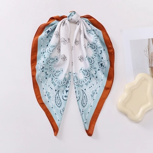 Elegant 70cm paisley silk square scarf with vintage rust-orange borders and floral motifs