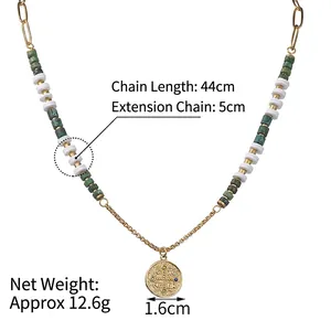 Gold stainless steel necklace with coin pendant, colorful rhinestones and beaded chain