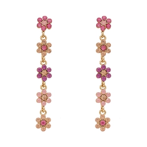Elegant gold flower drop earrings with pink and champagne crystals in a floral tassel design