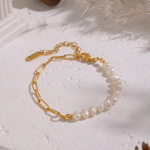 French vintage stainless steel bracelet with freshwater pearls and gold paperclip chain