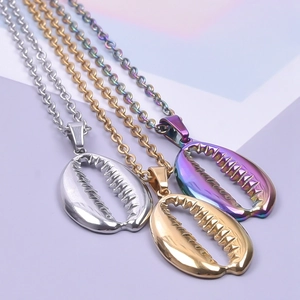 Three stainless steel shell necklaces in silver, gold, and rainbow finishes on a lilac base