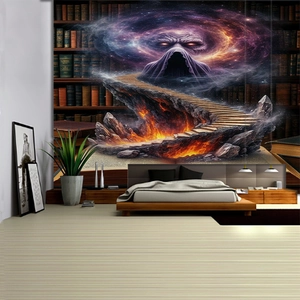 Detailed view of Halloween tapestry with dark fantasy library and mystical stairs decor
