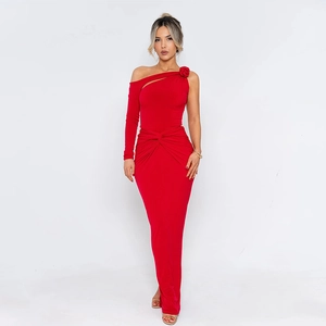 Robe Maxi À Une Épaule Manches Longues Plissée Évidée Fleur Élégante Bodycon Soirée Gala