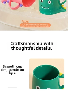 Detail of smooth rim and cartoon dinosaur design on children's BPA-free plastic mugs
