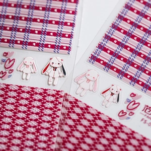 Embossed fabric texture nail stickers featuring red plaid and cute rabbit patterns