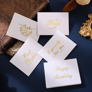 Elegant gold foil greeting card set with Thank You and Birthday wishes on blue background
