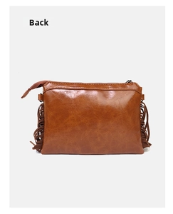 Back view of brown PU leather crossbody bag with long fringe tassels and zipper