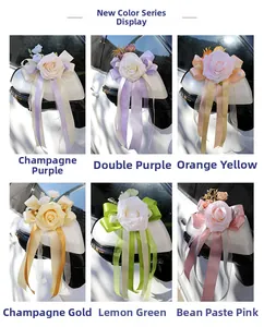 Multiple colors of faux Austin roses with satin ribbons for car mirror decoration