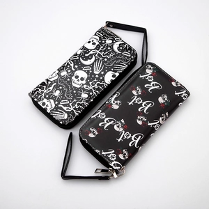 Long Zipper Wallet PU Leather Gothic Skull Print Large Capacity Clutch With Wrist Strap For Women