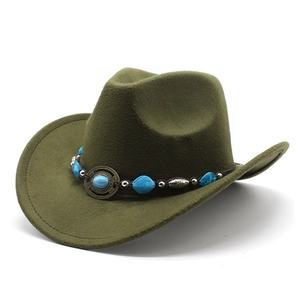 Detail of army green felt cowboy hat with turquoise and vintage metal bead band