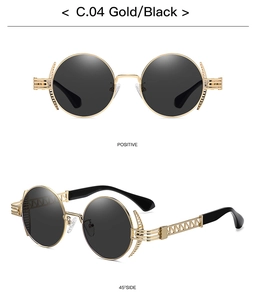 Front and 45-degree side view of vintage round punk metal sunglasses in gold and black