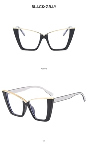 Detailed front and side views of stylish cat-eye glasses frames in black and gray color
