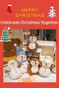 Detail of soft plush Christmas snowman and reindeer dolls with vibrant festive colors