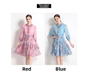Detail view of floral chiffon dress featuring ruffled stand collar and lantern sleeves