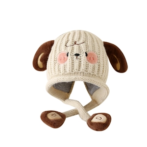 Kids warm knit puppy ear hat with earflaps and pompom ties in cream white finish