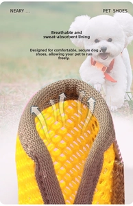 Macro view of breathable yellow mesh lining and knitted edges for summer dog shoes