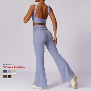 Women's Morandi grey-purple yoga set with U-back sports bra and flared high-waist pants