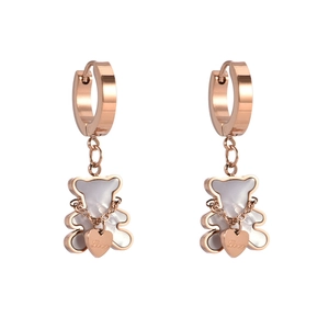 Cute rose gold bear drop earrings with white shell accents and engraved Love heart tags