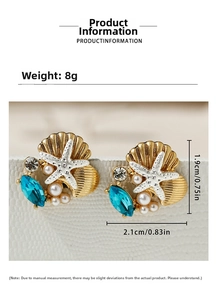 Detailed view of starfish shell stud earrings with blue gemstone and pearls, 2.1cm by 1.9cm size