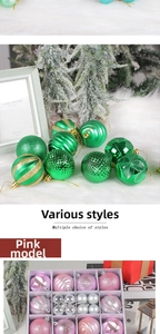 Detail of assorted 6cm pink and green Christmas balls with matte and glitter textures