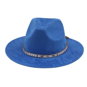 Detailed view of navy felt fedora featuring a snake pattern band and decorative studs