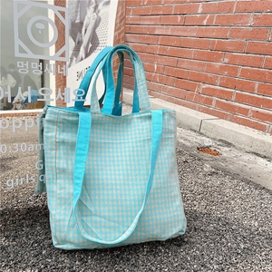 Detalle de bolso tote de lona a cuadros azules con asas dobles en un entorno urbano