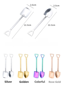 Detailed view of shovel-shaped stainless steel spoons with mirror finish and hanging holes