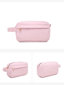 Detailed views of a pink corduroy makeup bag from front, side and back angles