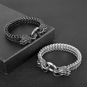 Retro dragon head stainless steel bracelet for men with double chain design