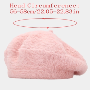 Pink faux mink fur beret detail showing size measurements for 56-58cm head circumference
