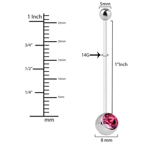 Detailed size chart showing 14G gauge, 1 inch long bar and 5mm to 8mm crystal balls