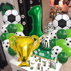 Green soccer birthday balloon set with golden champion trophy and number 1 foil balloon