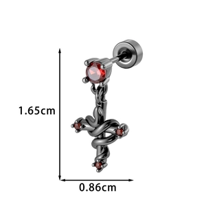 Snake winding around cross stud earring with red zircon, length 1.65cm and width 0.86cm