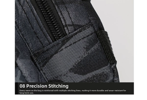 Detail of durable black camo fabric with reinforced stitching and premium metal zipper