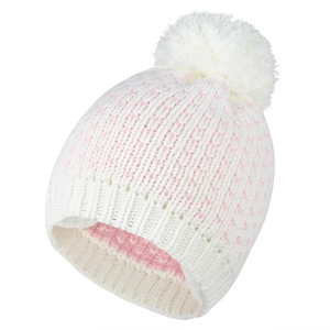 Weiße Strickmütze mit rosa Herzen und großem Kunstfell-Pompon für den Winter