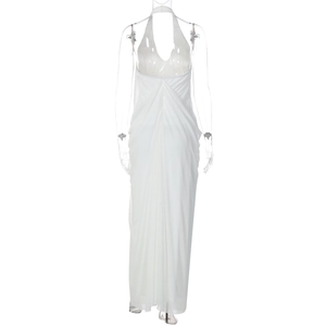 Back view detail of white halter dress featuring pleated backless design and long hemline