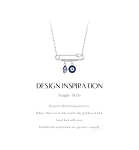 S925 silver paperclip necklace featuring blue Hamsa hand and Evil Eye charms detail