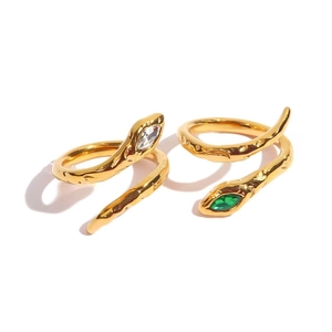 Golden snake-shaped stainless steel rings with clear and green crystal embellishments