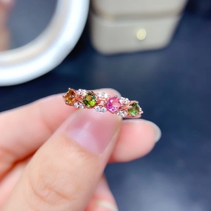 18K rose gold open ring with colorful tourmaline gemstones and diamond accents