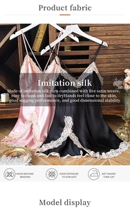 Detailed view of imitation silk nightgowns with lace V-neck and satin texture details