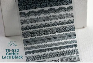 Détail des stickers d'ongles en dentelle noire gothique TS-532 aux motifs 5D complexes