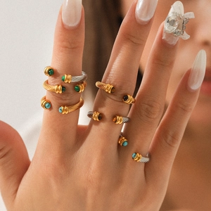 Bague Ouverte Réglable Acier Inoxydable Spirale Torsadée Bijoux Inscrusté Malachite Turquoise Oeil De Tigre Vintage Femmes