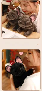 Close-up of soft plush French Bulldog dolls in brown and black held by a model