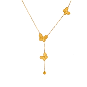 Titanium steel butterfly tassel necklace with gold beads and textured wing design