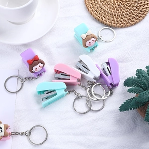 Mini macaron cartoon stapler keychain set with cute bear figures in pastel colors